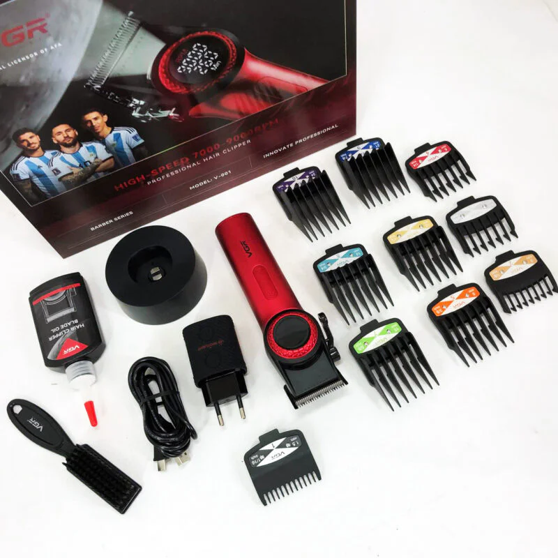 Професійна машинка для стрижки VGR V-001 RED з дисплеєм 9000 об 10 насадками 1,5-24 мм