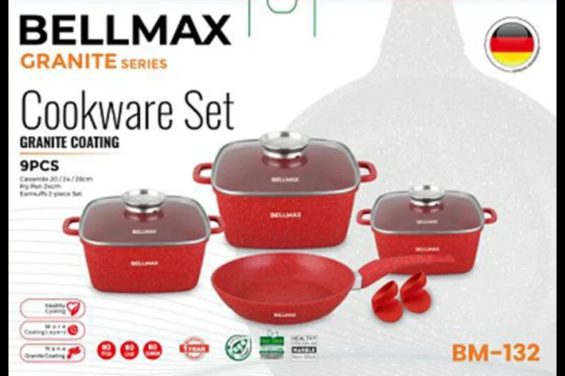 Набір посуду Bellmax Cookware Set BM-132 RED - антипригарний, екологічний, 9 предметів.