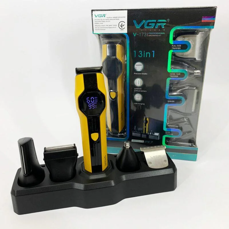 VGR V-173 YELLOW Набір для стрижки 13 в 1 з акумулятором 1500 мАг та дисплеєм