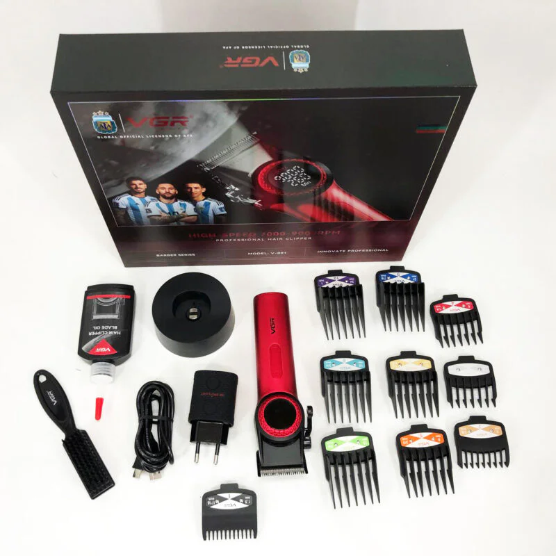 Професійна машинка для стрижки VGR V-001 RED з дисплеєм 9000 об 10 насадками 1,5-24 мм