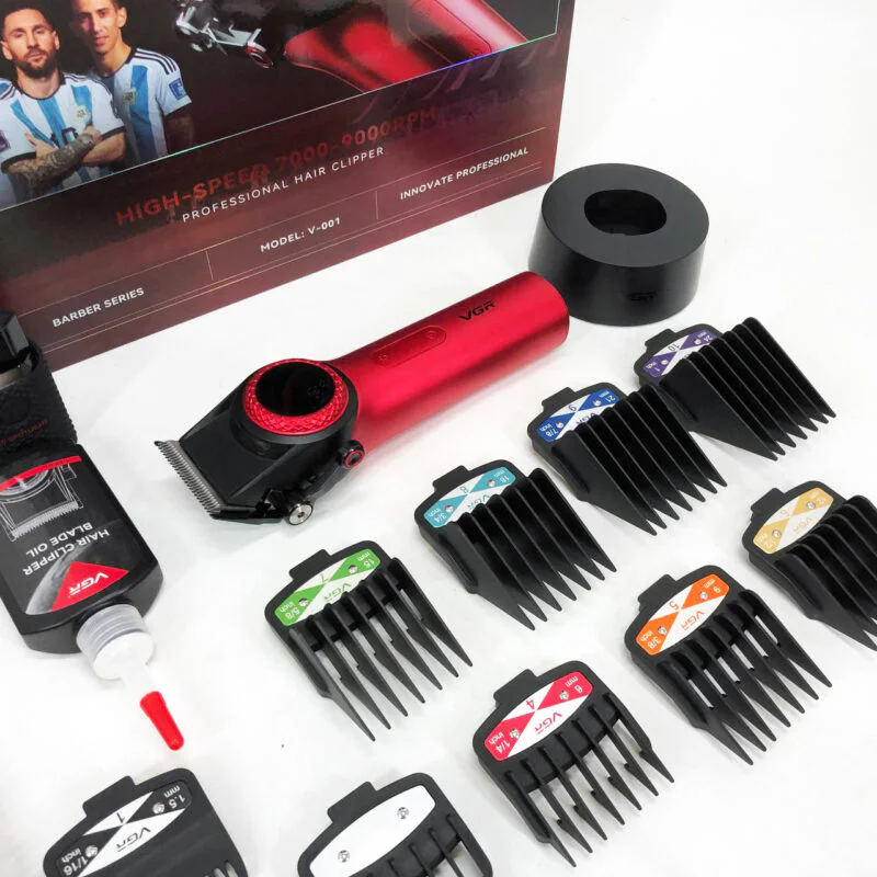 Професійна машинка для стрижки VGR V-001 RED з дисплеєм 9000 об 10 насадками 1,5-24 мм