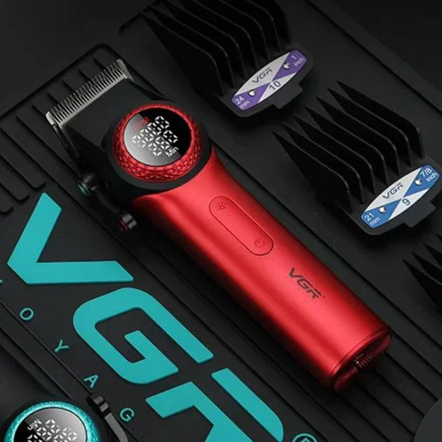 Професійна машинка для стрижки VGR V-001 RED з дисплеєм 9000 об 10 насадками 1,5-24 мм