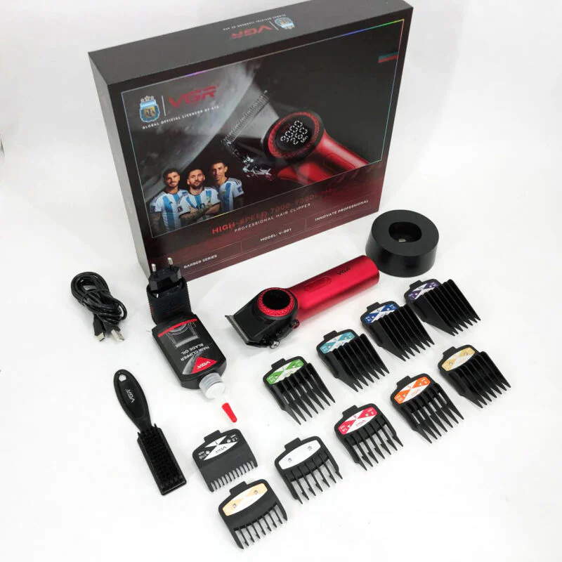 Професійна машинка для стрижки VGR V-001 RED з дисплеєм 9000 об 10 насадками 1,5-24 мм