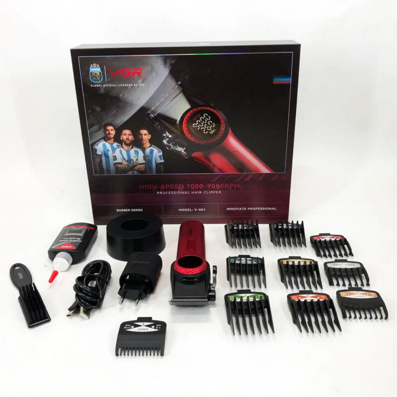 Професійна машинка для стрижки VGR V-001 RED з дисплеєм 9000 об 10 насадками 1,5-24 мм