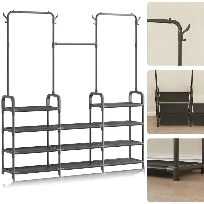 Стійка-вішалка для одягу та взуття Model1BLACK — 164×137×26см, 11полок, 4гачки, нержавіюча сталь, підлогова