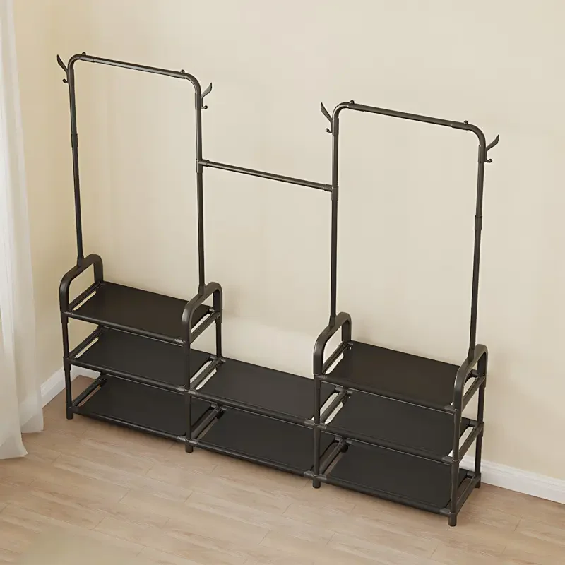 Стійка-вішалка для одягу та взуття Model1BLACK — 164×137×26см, 11полок, 4гачки, нержавіюча сталь, підлогова