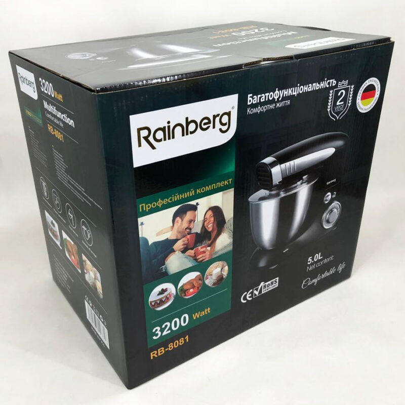 Тестоміс Rainberg RB-8081 планетарний кухонний комбайн 3200 Вт з нержавіючою чашею