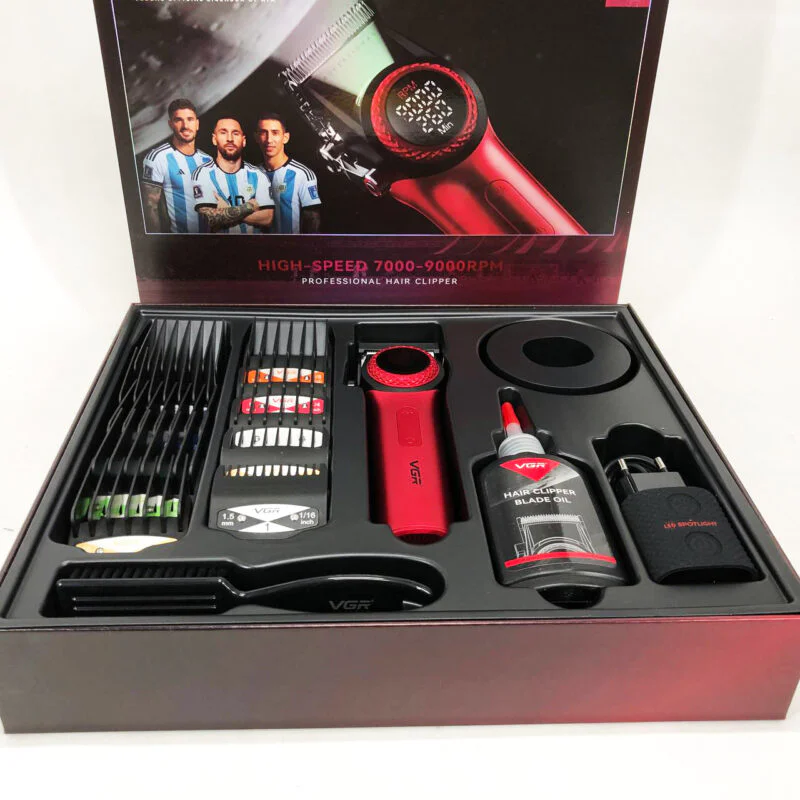 Професійна машинка для стрижки VGR V-001 RED з дисплеєм 9000 об 10 насадками 1,5-24 мм