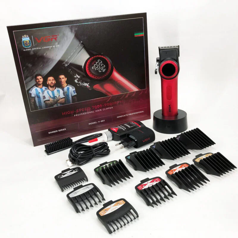 Професійна машинка для стрижки VGR V-001 RED з дисплеєм 9000 об 10 насадками 1,5-24 мм