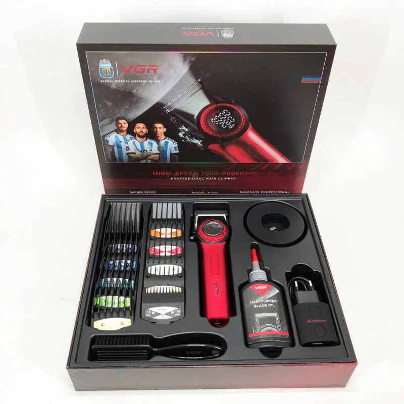 Професійна машинка для стрижки VGR V-001 RED з дисплеєм 9000 об 10 насадками 1,5-24 мм