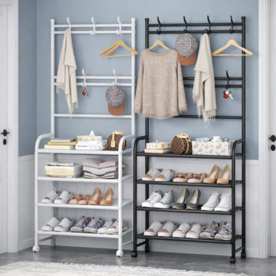 Залізна вішалка для одягу Clothes Rack 2 в одному з 4 полицями для взуття та аксесуарів. Металевий каркас, простота установки, компактні розміри.