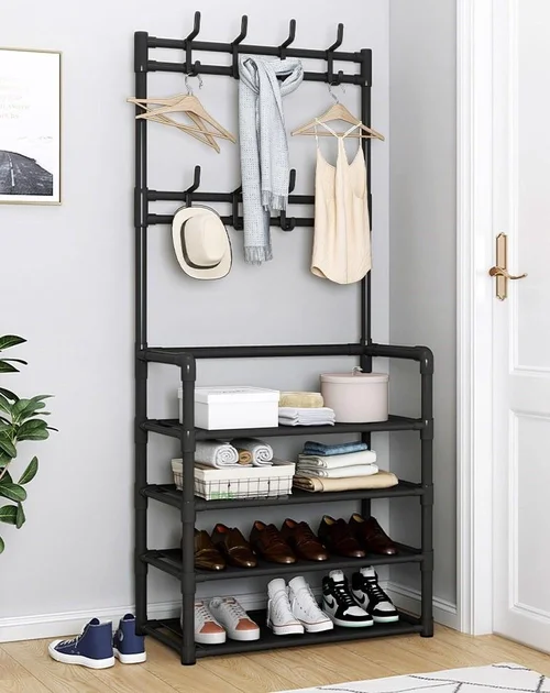 Залізна вішалка для одягу Multi-functional shoe and hat rack 2 в 1 чорна з 4 полицями для взуття