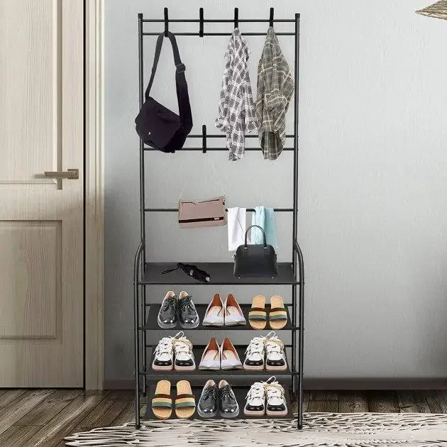Залізна вішалка для одягу Multi-functional shoe and hat rack 2 в 1 чорна з 4 полицями для взуття