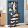 Залізна вішалка для одягу Multi-functional shoe and hat rack 2 в 1 чорна з 4 полицями для взуття