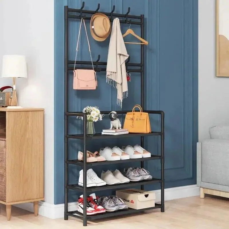 Залізна вішалка для одягу Multi-functional shoe and hat rack 2 в 1 чорна з 4 полицями для взуття